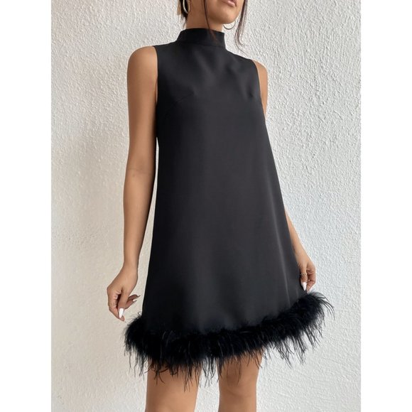 Chic Stand Neck Fuzzy Trim Dress Black - Picture 3 of 6